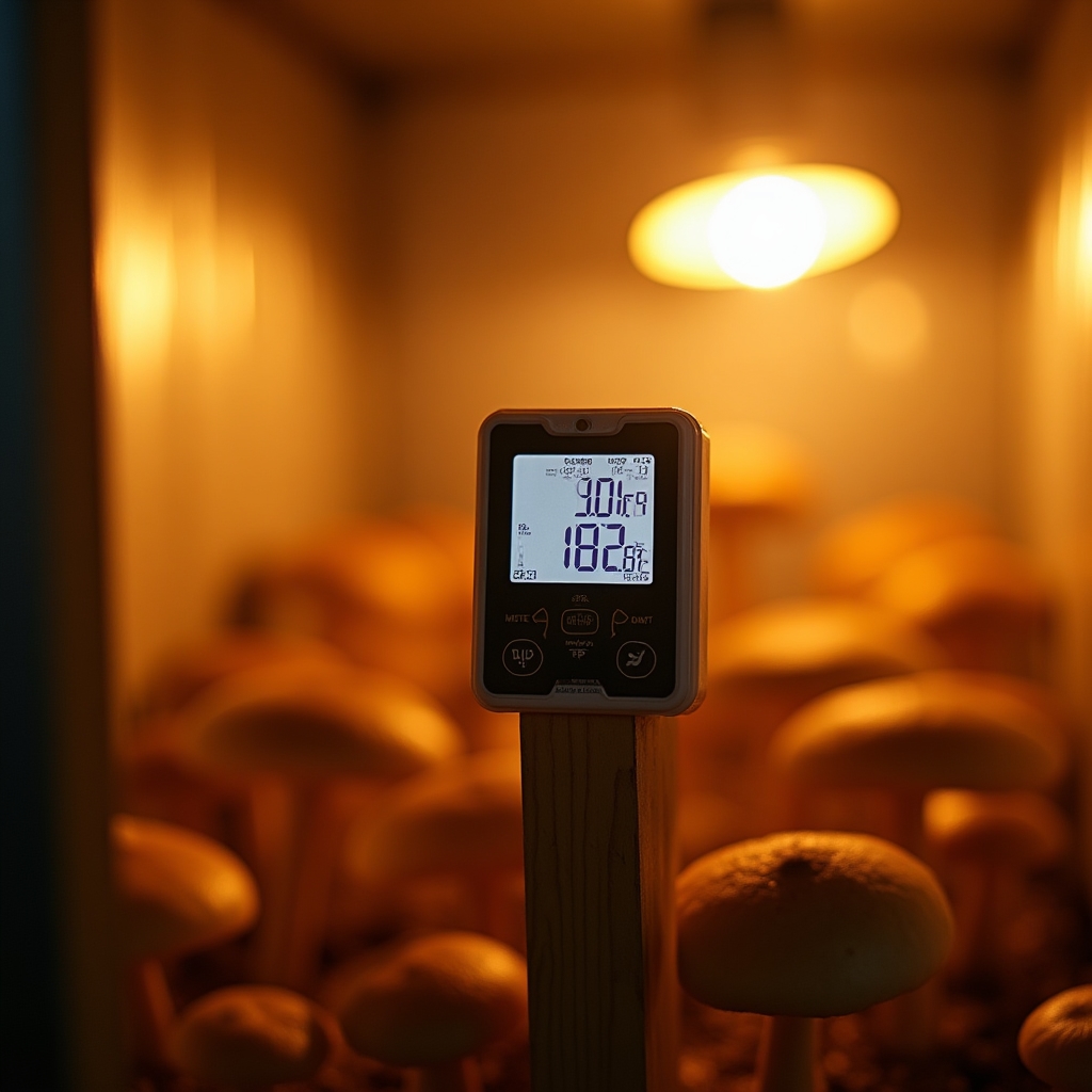Higrómetro y termómetro digital dentro de una cámara de cultivo de setas
