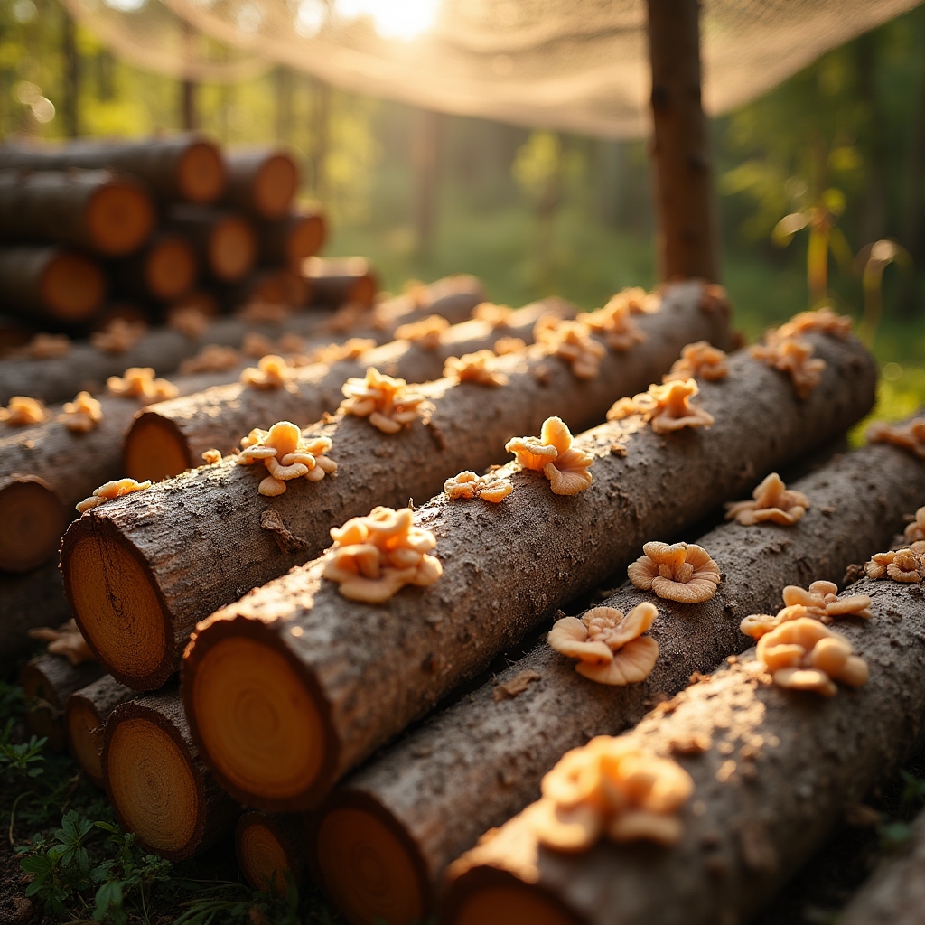 Troncos inoculados con shiitake apilados en un espacio semi-profesional
