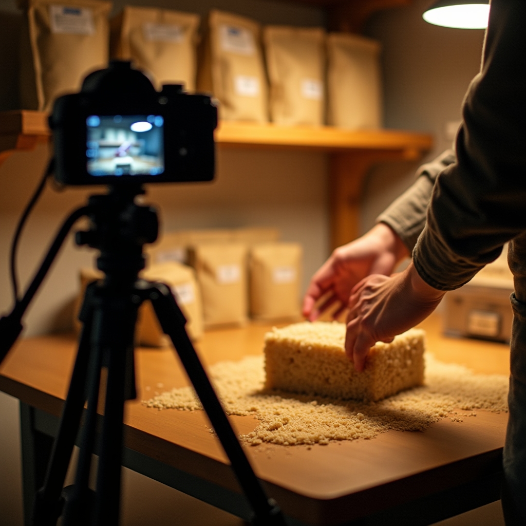 Equipo de grabación filmando el proceso de cosecha dentro de una cámara de cultivo
